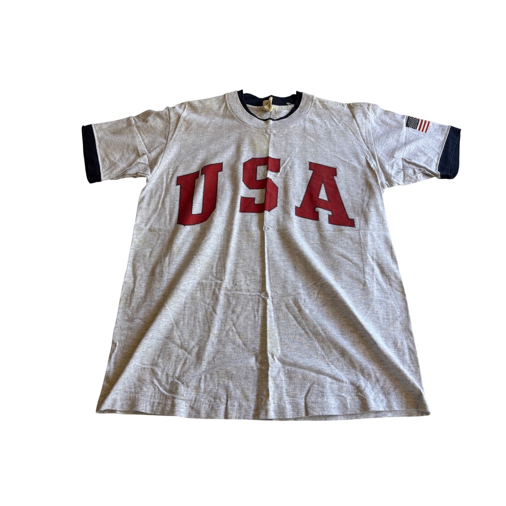 Vintage USA Ringer T-Shirt Heather Gray Red Medium 80s 90s
